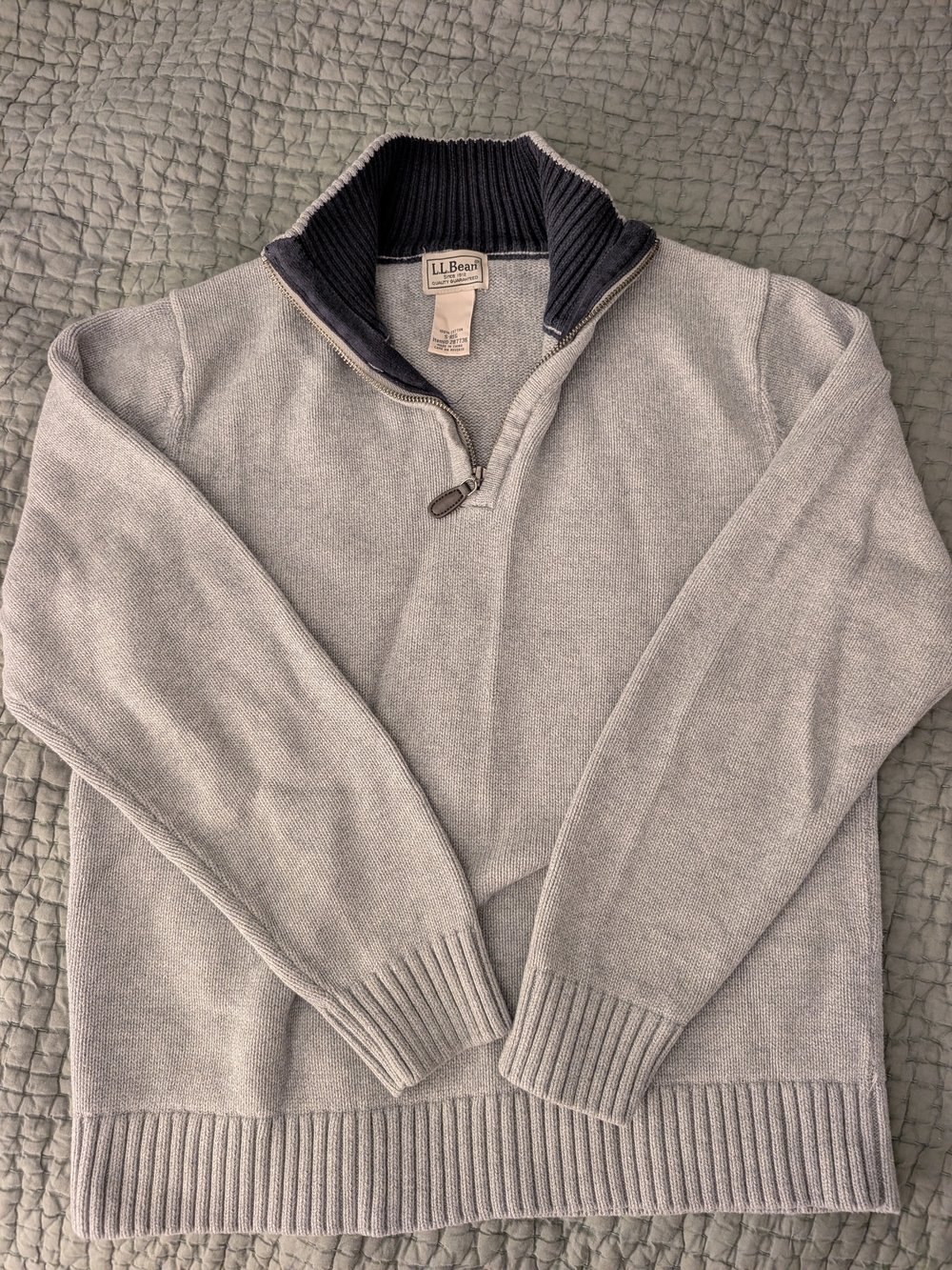 L.L. Bean Men's Light Gray Quarter-Zip Sweater with Navy Ribbed Collar